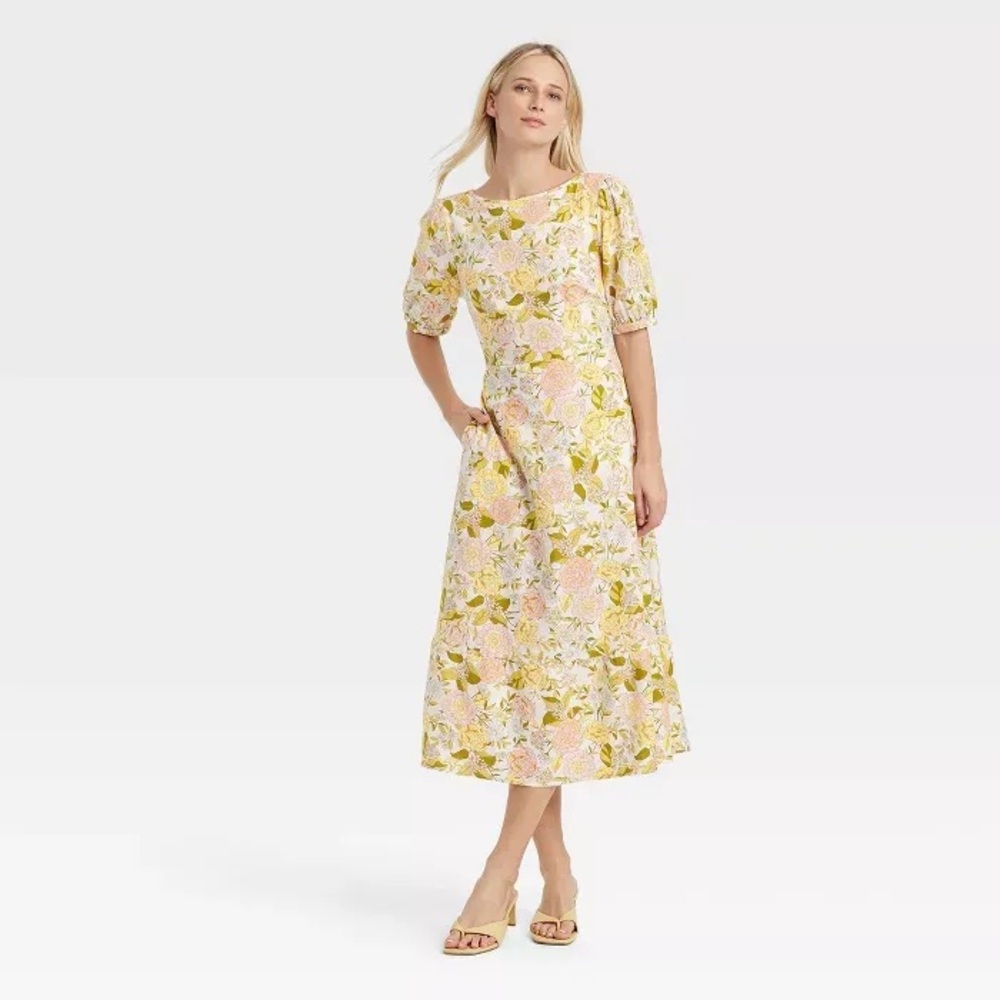 Who What Wear Floral Puff Sleeve Midi Dress | Size M